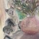 Old painting, still life with bouquet of flower and cat 80s