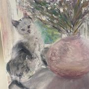 Old painting, still life with bouquet of flower and cat 80s