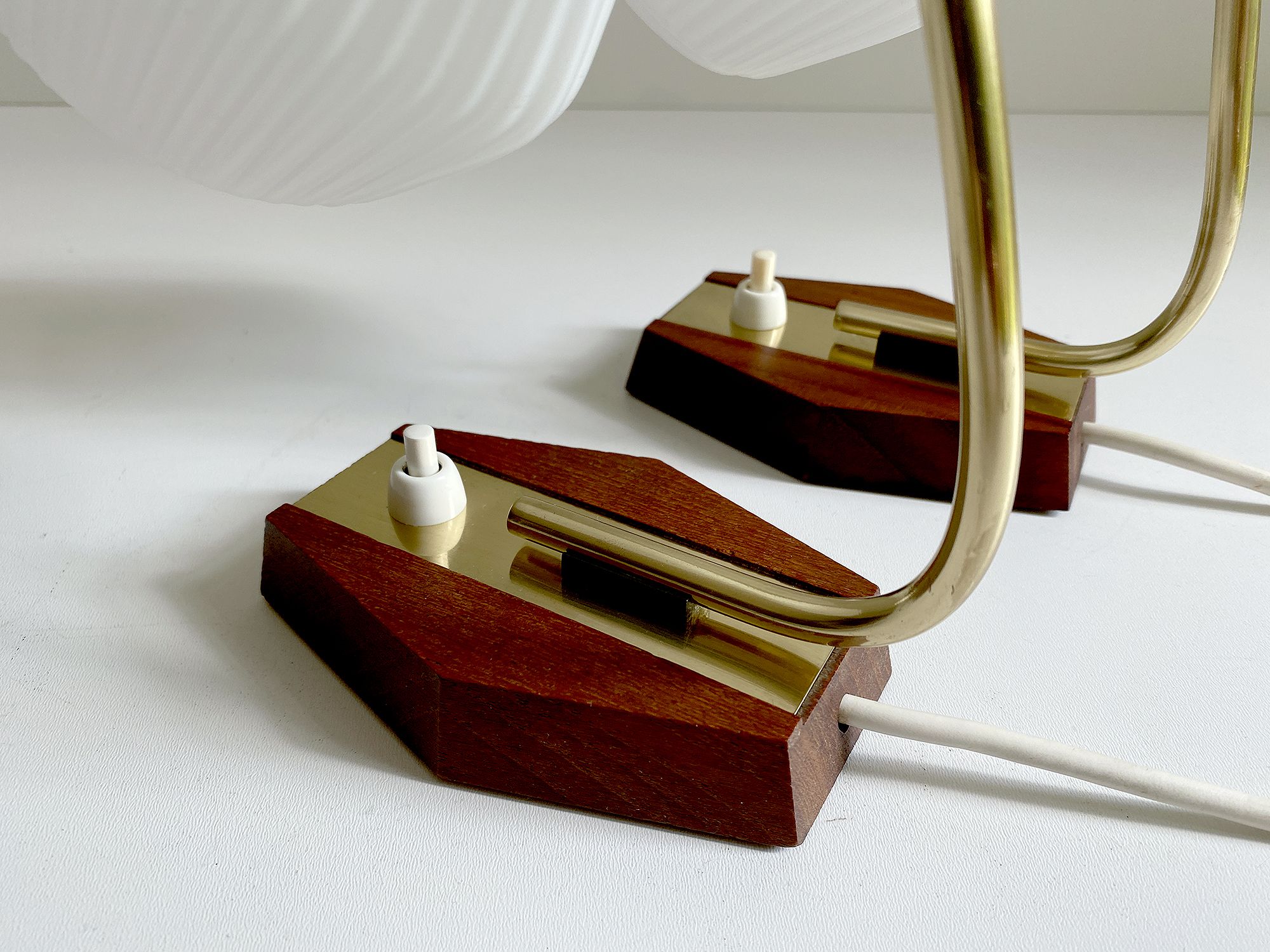 Pair of Scandinavian vintage table or bedside lamps, teak and glass, 60s