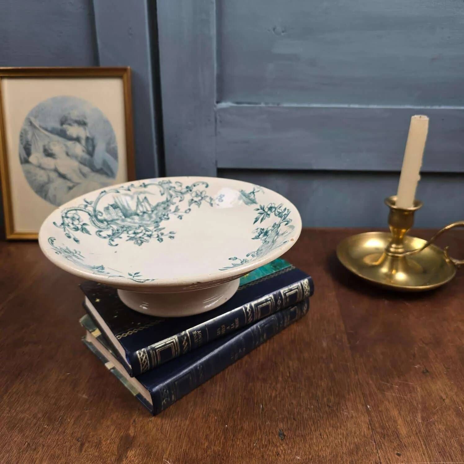 Antique compote dish Faïencerie de Lyon Marine, ironstone with blue-green decoration, 19th century.