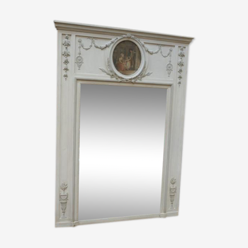 19th century 16-style trumeau mirror in fir and glass with oil on canvas