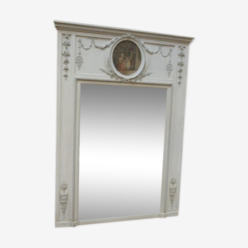 Miroir trumeau fin 19eme style louis 16 en sapin et verre avec huile sur toile