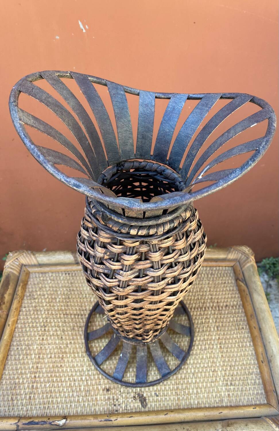 Wicker and metal vase