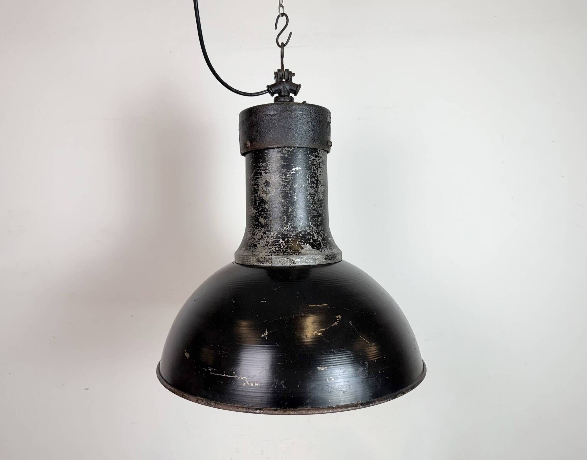Large Industrial Factory Black Pendant Lamp with Cast Iron Top, 1950s