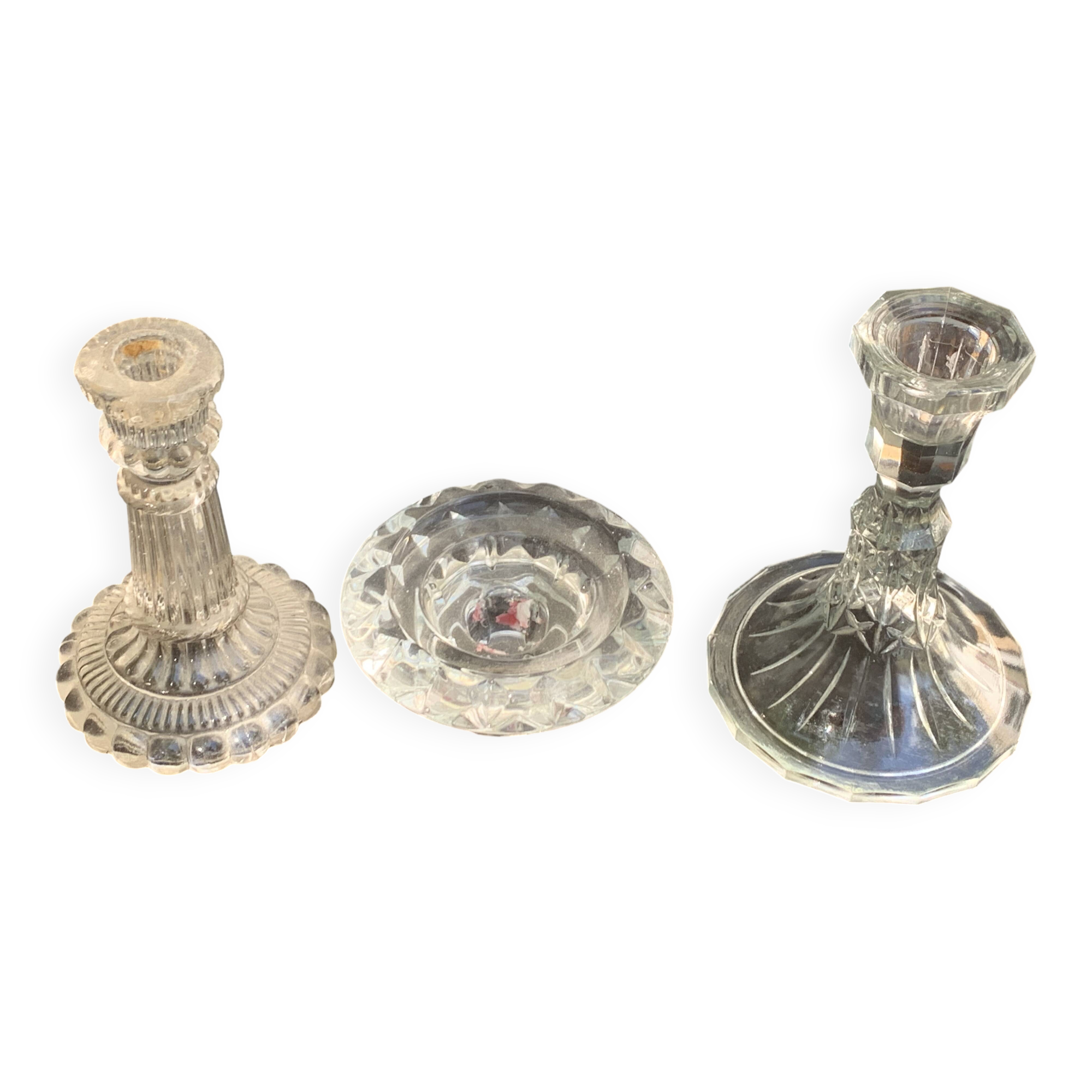 Set of 3 glass and crystal candle holders, Arques crystal, vintage
