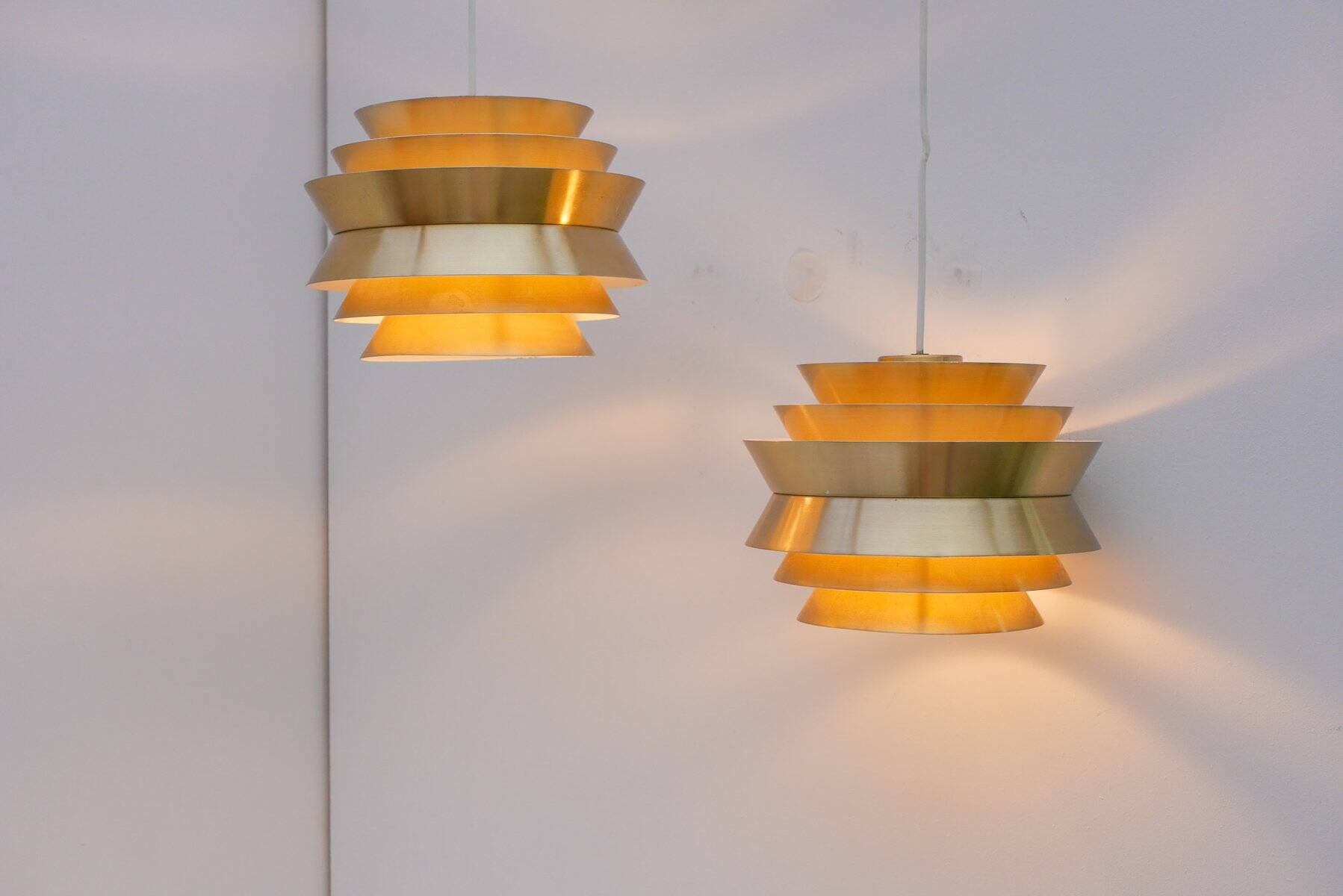 Brass-coloured metal pendant Trava lamps by Carl Thore, Sweden from Granhaga Metallindustri, 1960s, set of 2