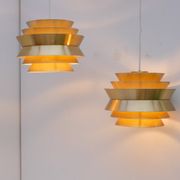 Brass-coloured metal pendant Trava lamps by Carl Thore, Sweden from Granhaga Metallindustri, 1960s, set of 2