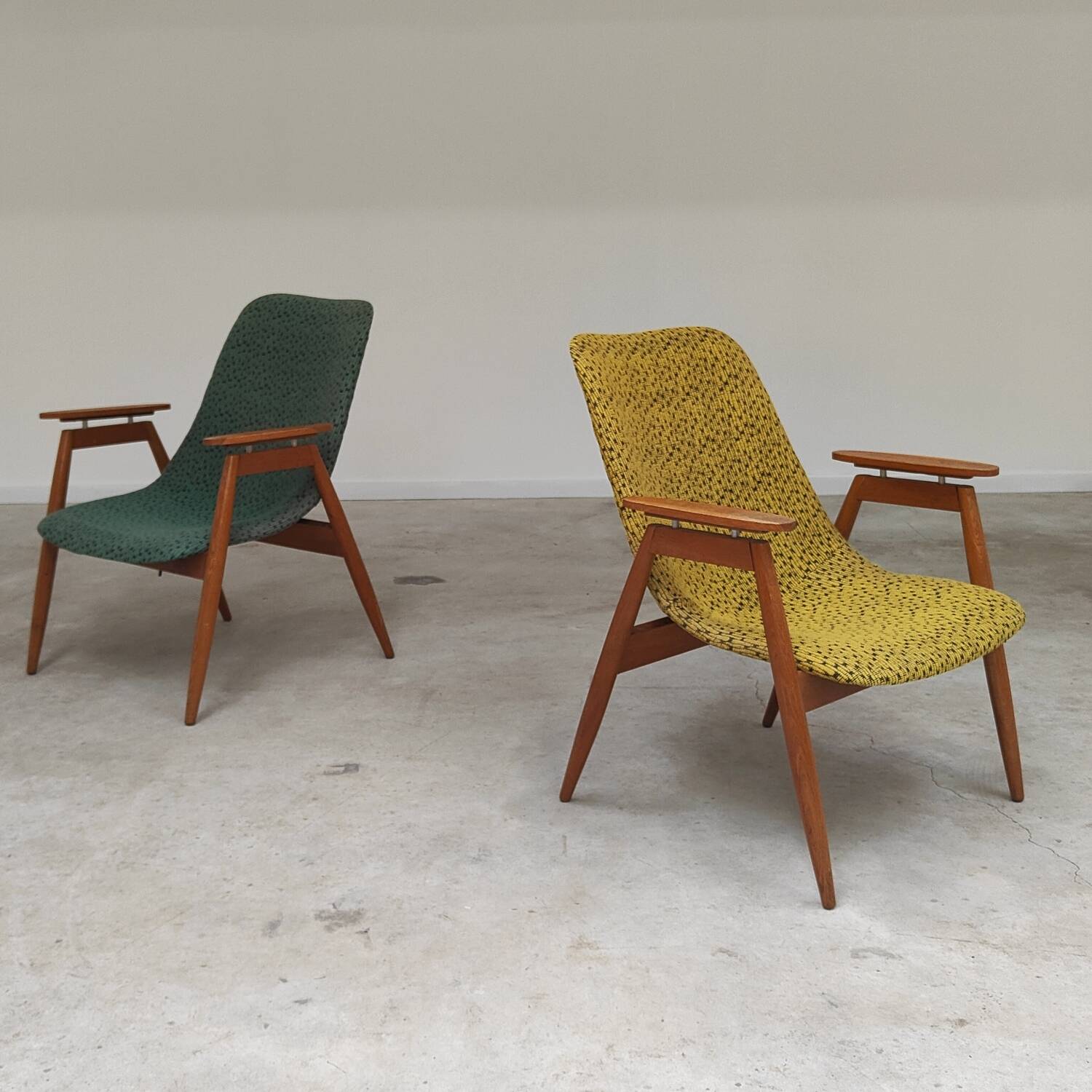 Pair of yellow and green resin and wood armchairs by Miroslav Navratil