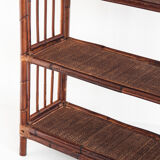 Vintage rattan floor bookcase. France, 1960s