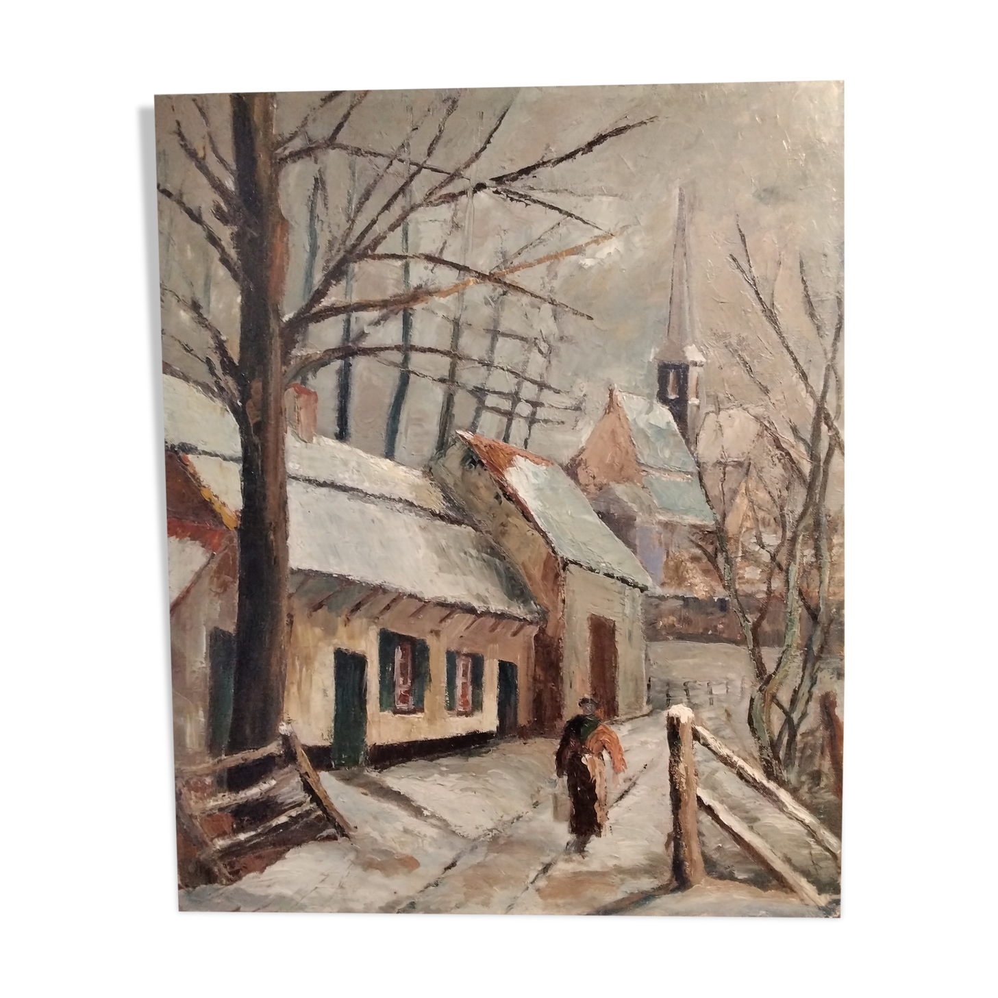 Oil on canvas landscape of a snowy cottage