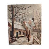 Oil on canvas landscape of a snowy cottage