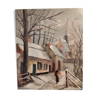 Oil on canvas landscape of a snowy cottage