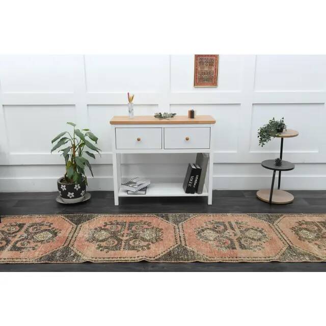 1970s Vintage Turkish Oushak Handmade Wool Cotton Orange Runner Rug 83x358