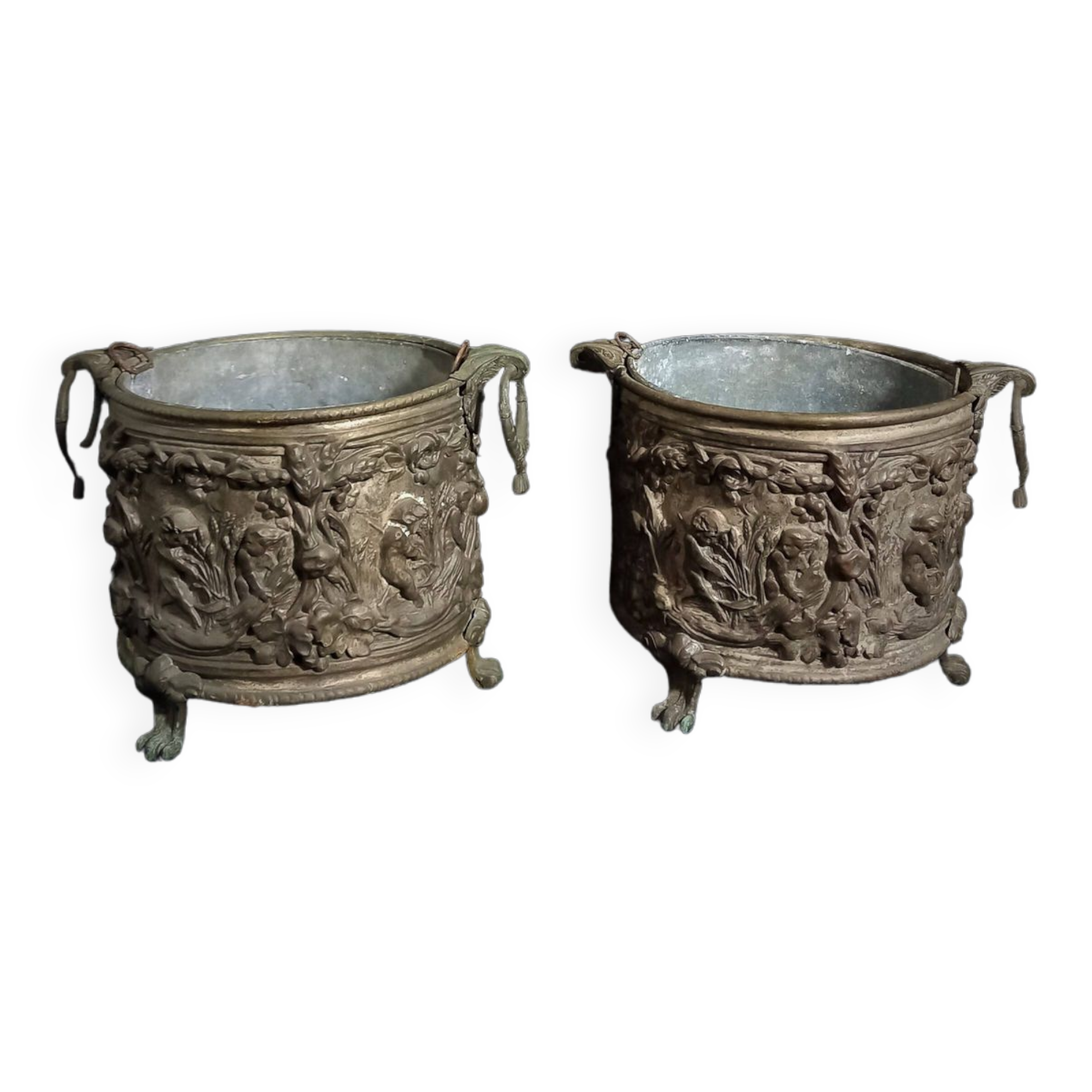 Pair of 19th Century Copper-Brass Plant Pots With Repoussé Putti