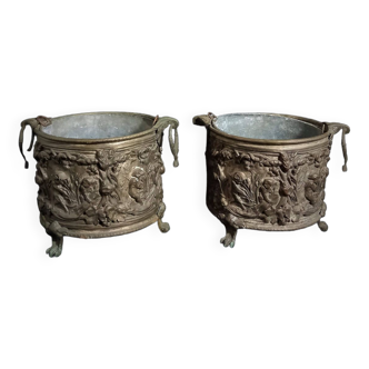 Pair of 19th Century Copper-Brass Plant Pots With Repoussé Putti