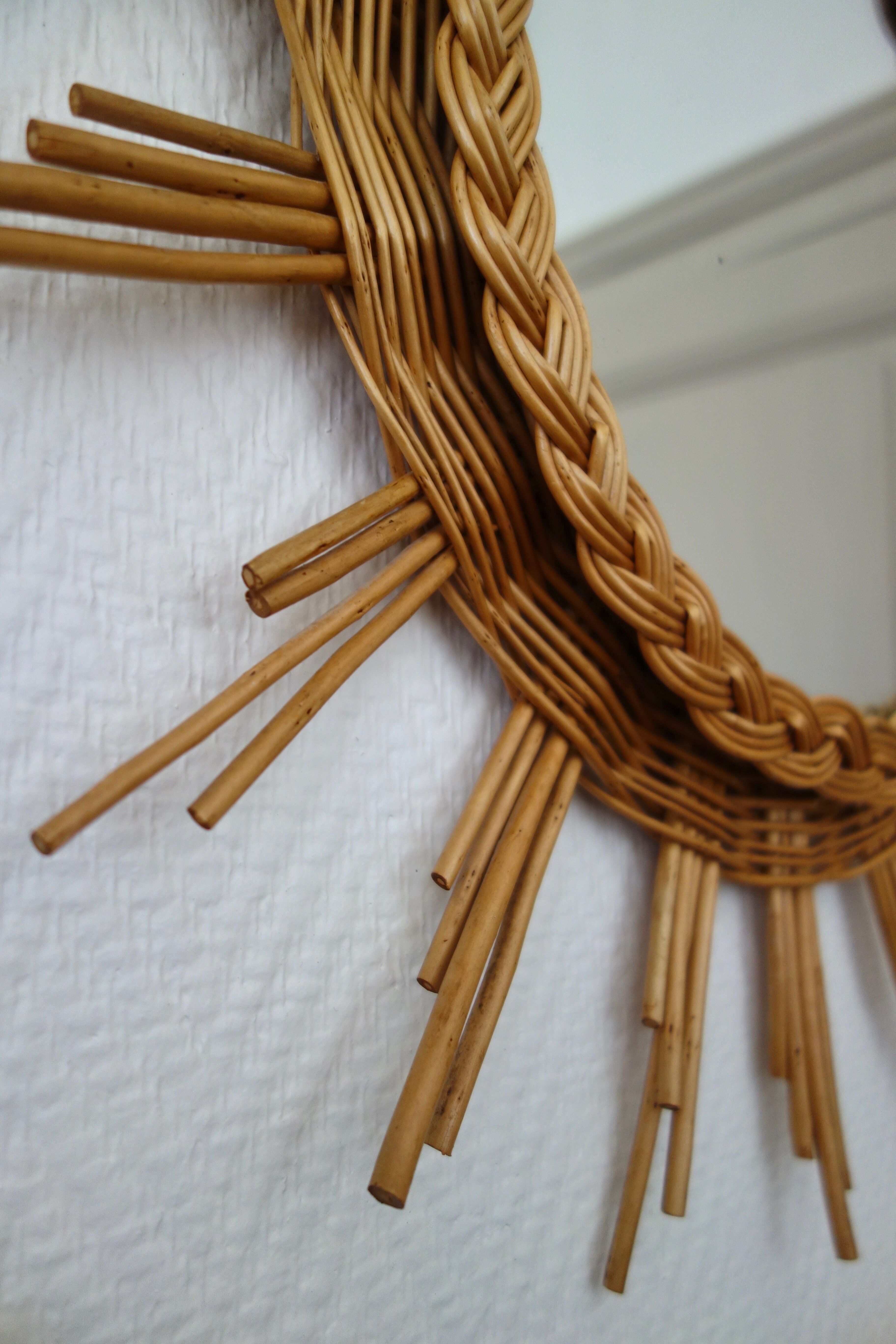 Vintage 60s braided Wicker rattan Sun mirror