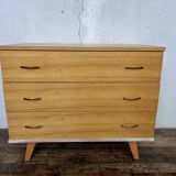Commode vintage chêne clair pieds compas 1960