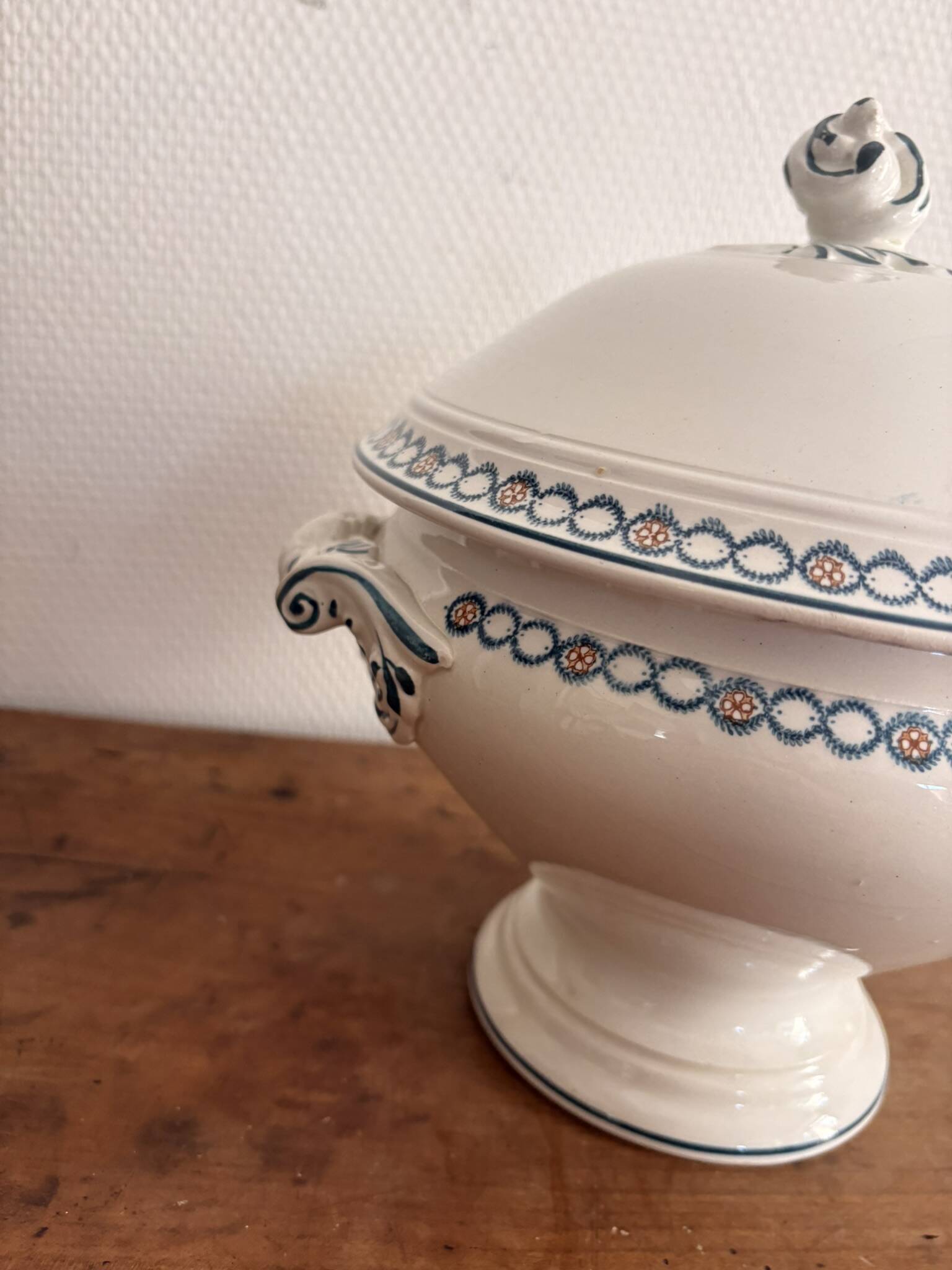 Antique Soup Tureen Vegetable Dish Faience Longwy Henri II Style Geometric Frieze