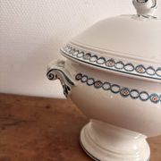 Antique Soup Tureen Vegetable Dish Faience Longwy Henri II Style Geometric Frieze