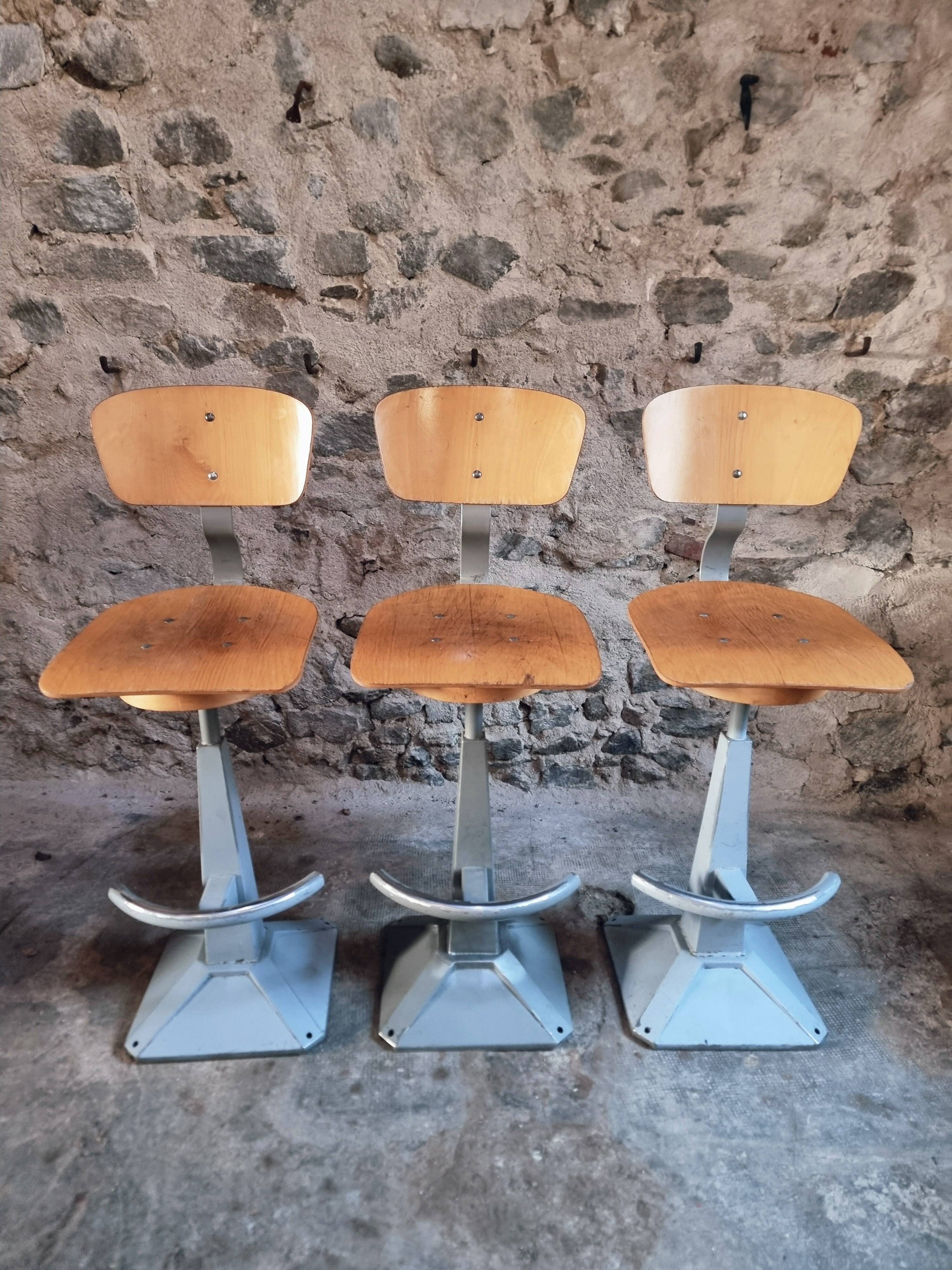 Set of 3 industrial swivel workshop chairs – fixed height bar stools – mid-century factory seats