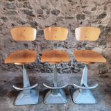 Set of 3 industrial swivel workshop chairs – fixed height bar stools – mid-century factory seats
