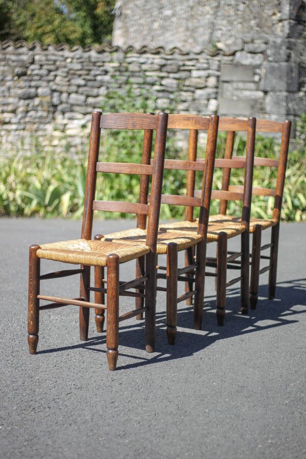 Lot de 4 chaises bois et paille, chaise bois, chaise paillée, campagne, chalet