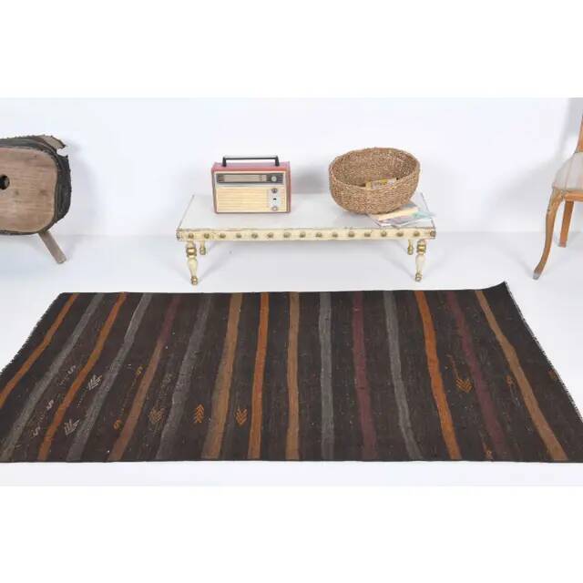 Vintage Turkish Hand-Knotted Wool Cotton Brown Kilim Runner 101x190