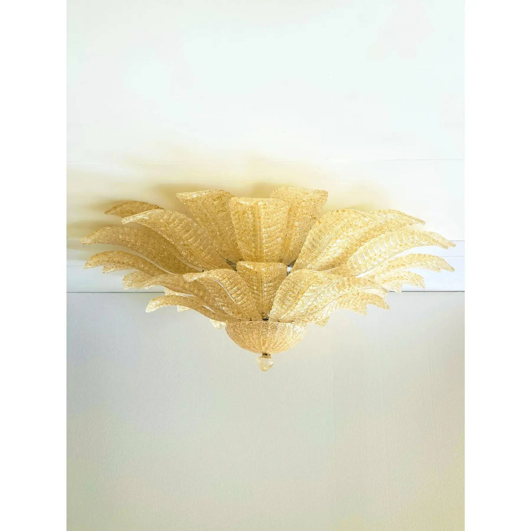 Luxury Venetian Amber ” Leaves Graniglia” Murano Glass Flush Mount