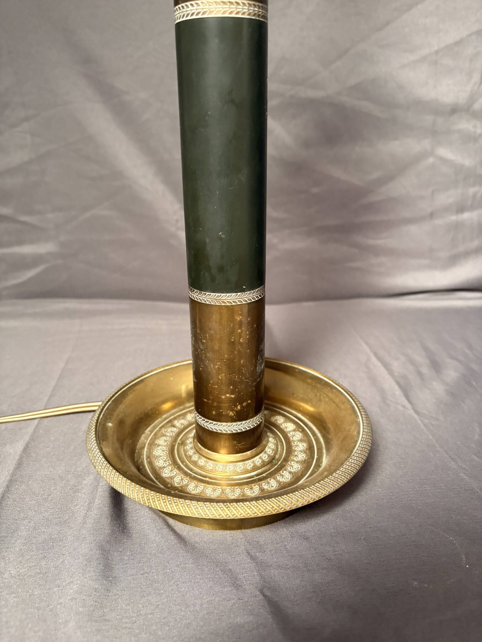Antique Empire Column Lamp Base, Gilded Brass, Green Candle Holder Chandelier