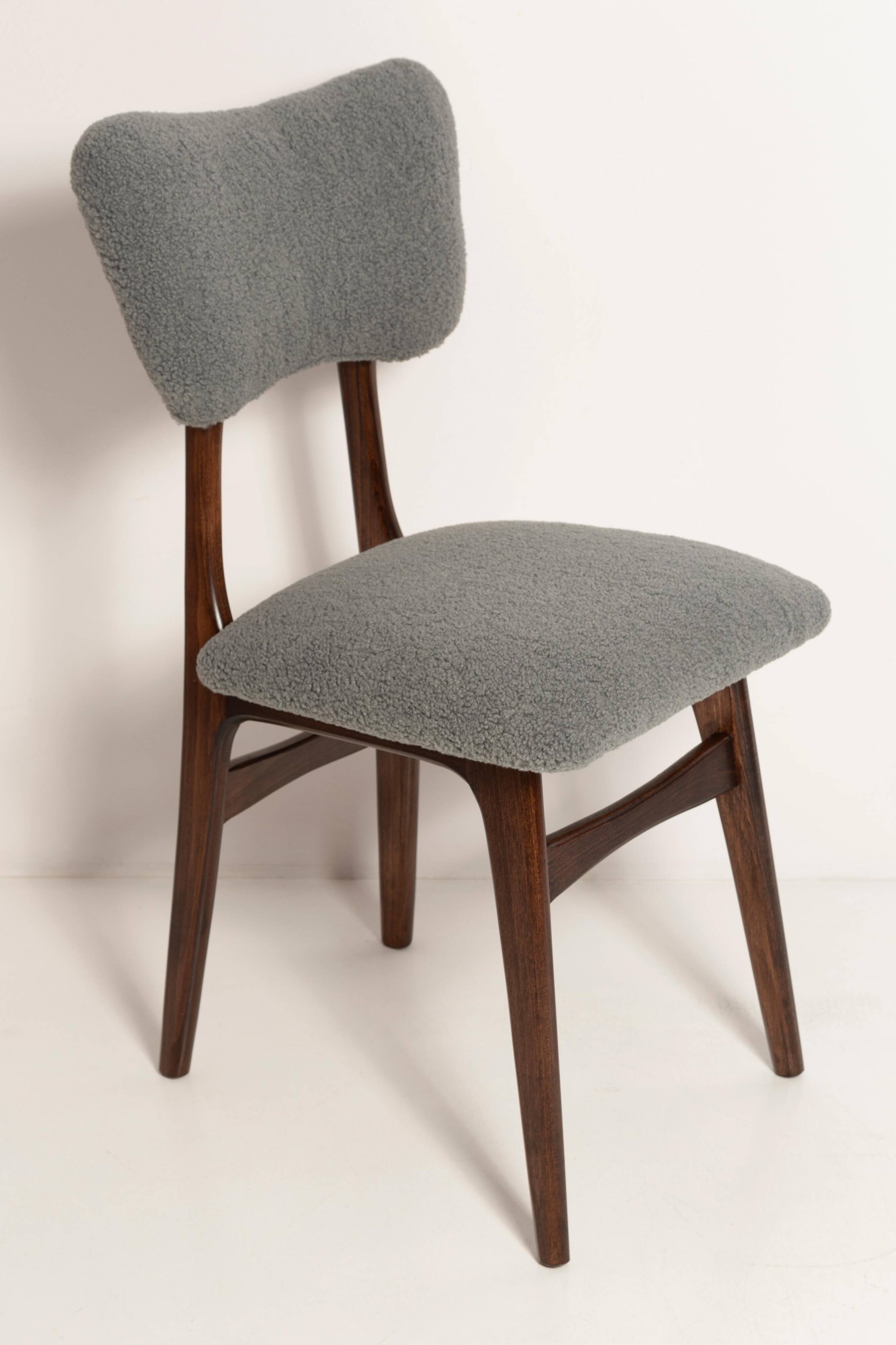Chaise de salle à manger papillon milieu du siècle, bouclé gris, bois noyer foncé, Europe, années 1960