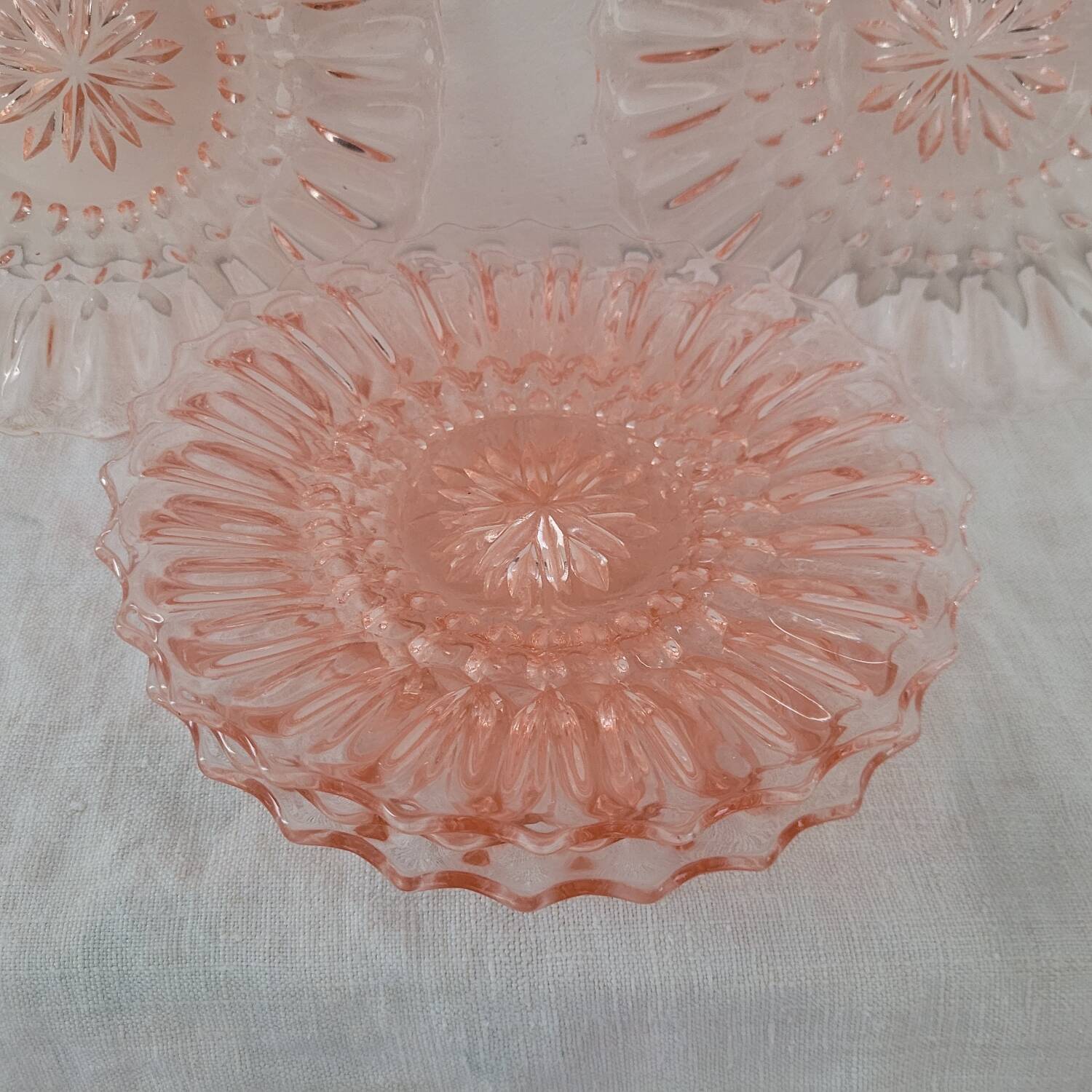 Art Deco Pressed Glass Dessert Plates in Pink — Circa 1930