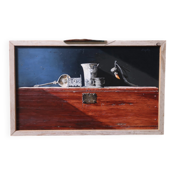 Still life with pewter finds on a chest – Marjolein van den Berg, c. 2011