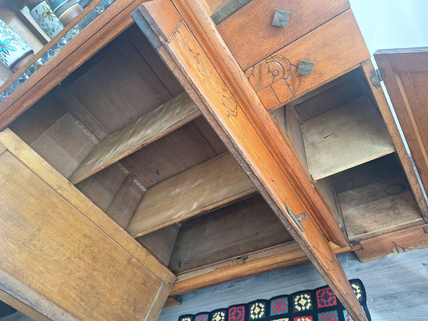 Art Deco buffet, marble trays, antique sideboard, display cabinet.