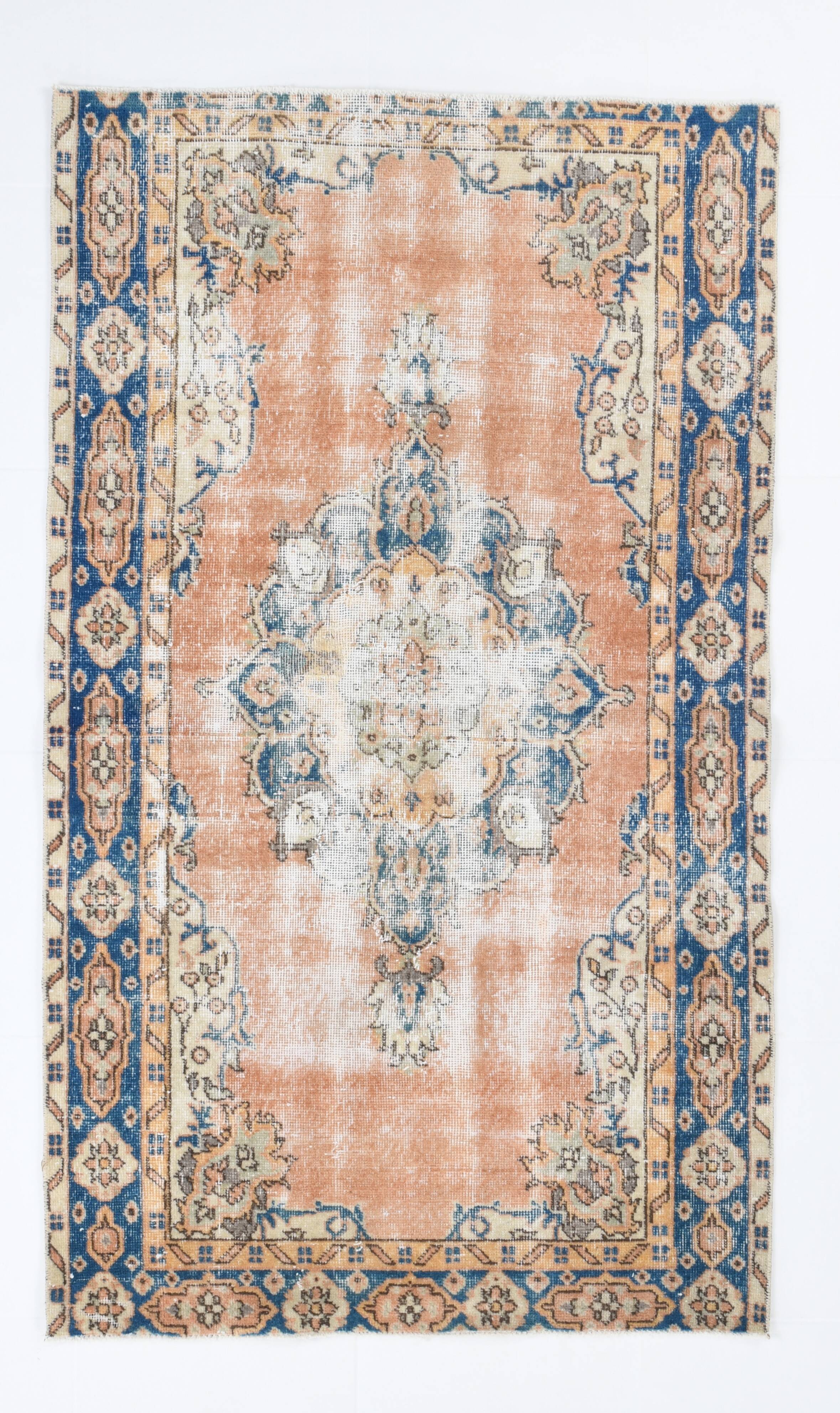 3x6 Rug For Living Room Pale Orange Blue Handmade Turkish Rug, 104x176Cm