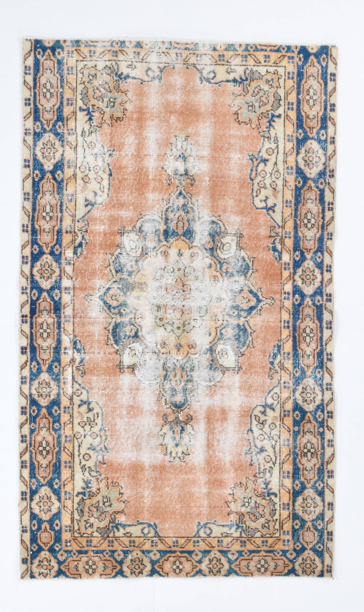 3x6 Rug For Living Room Pale Orange Blue Handmade Turkish Rug, 104x176Cm