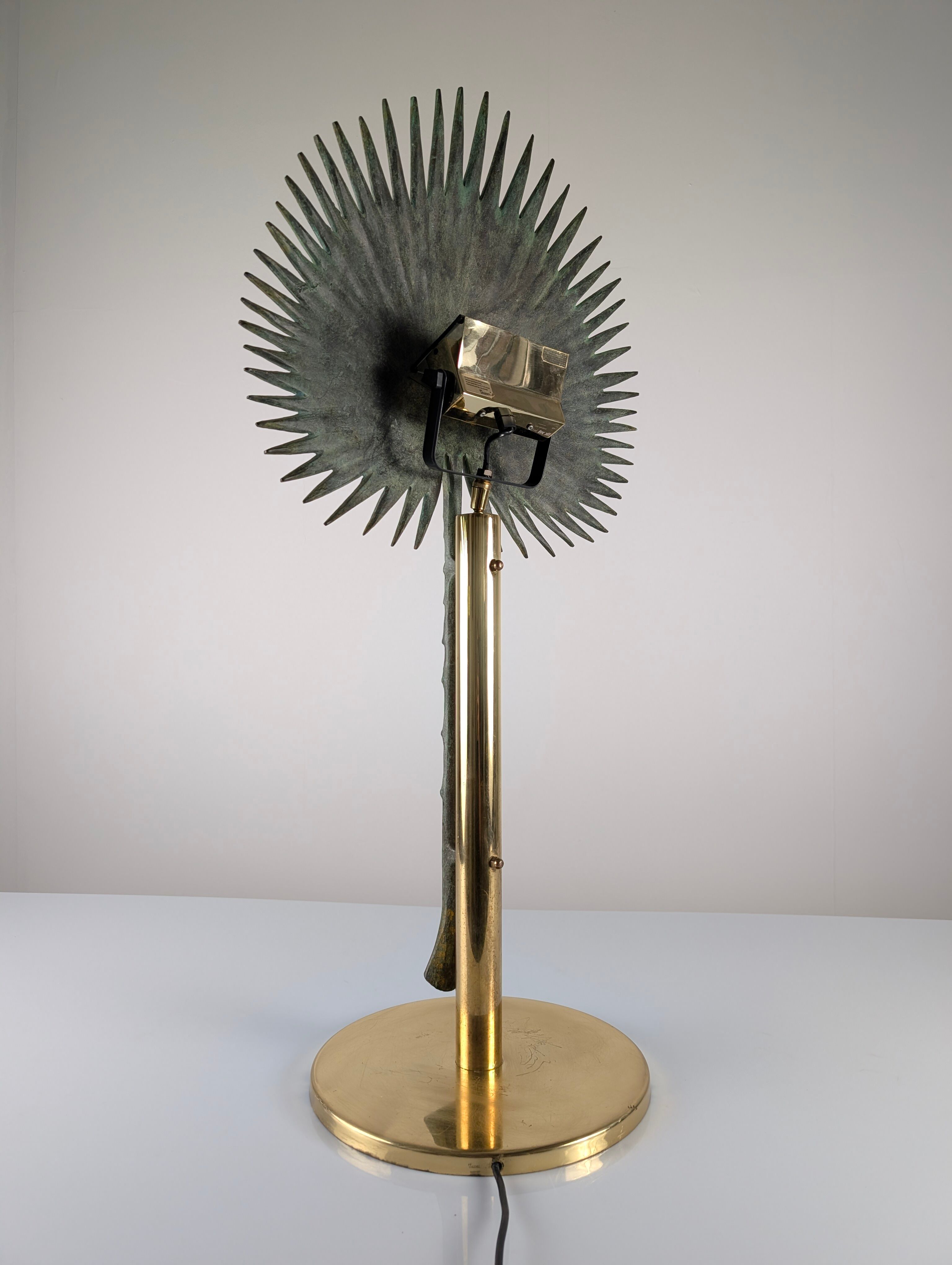 Monumental Valenti table lamp with fan palm leaf in bronze and brass, 1970s