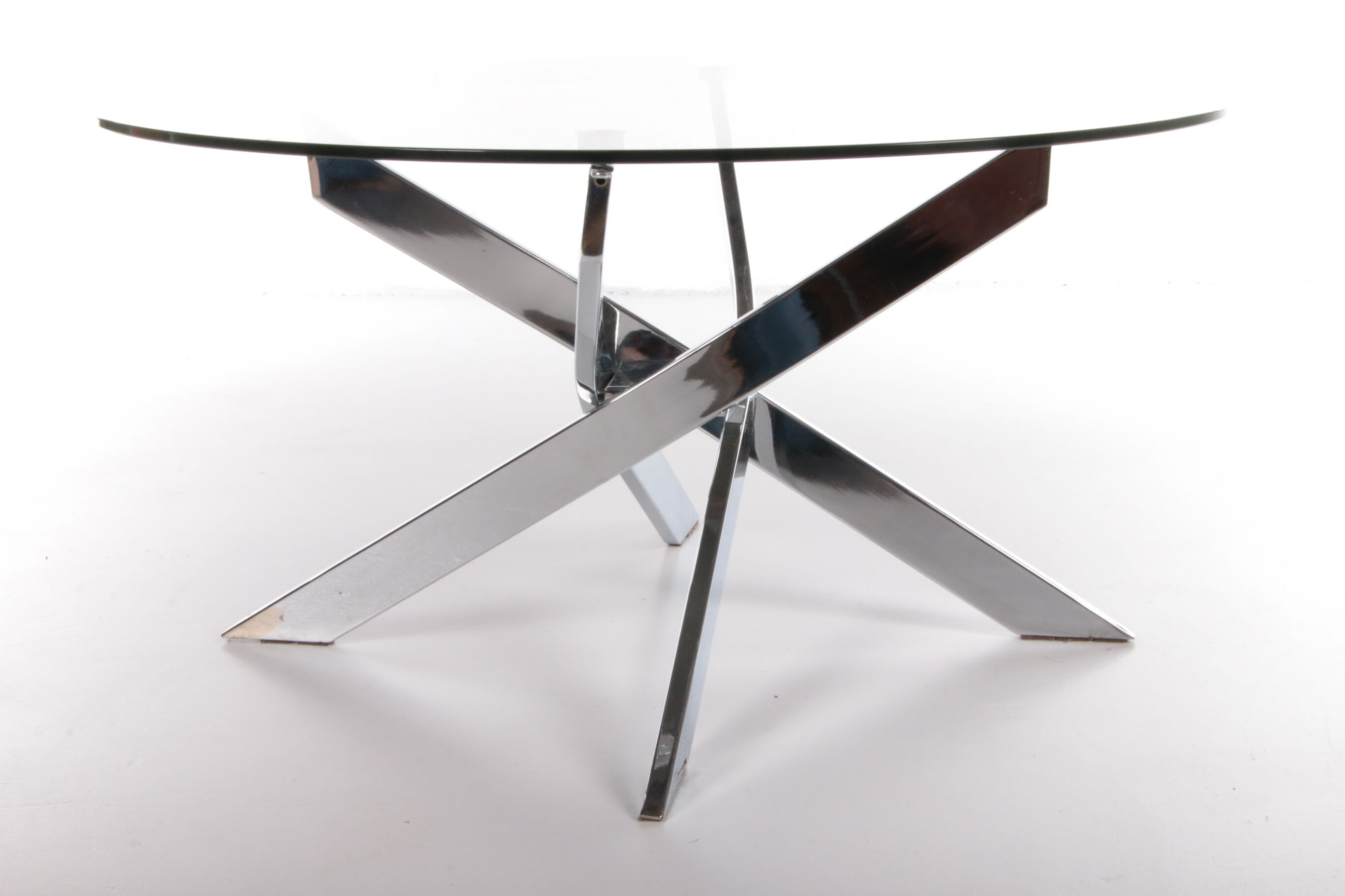 Vintage chrome coffee table with X frame and round glass top, 1980s