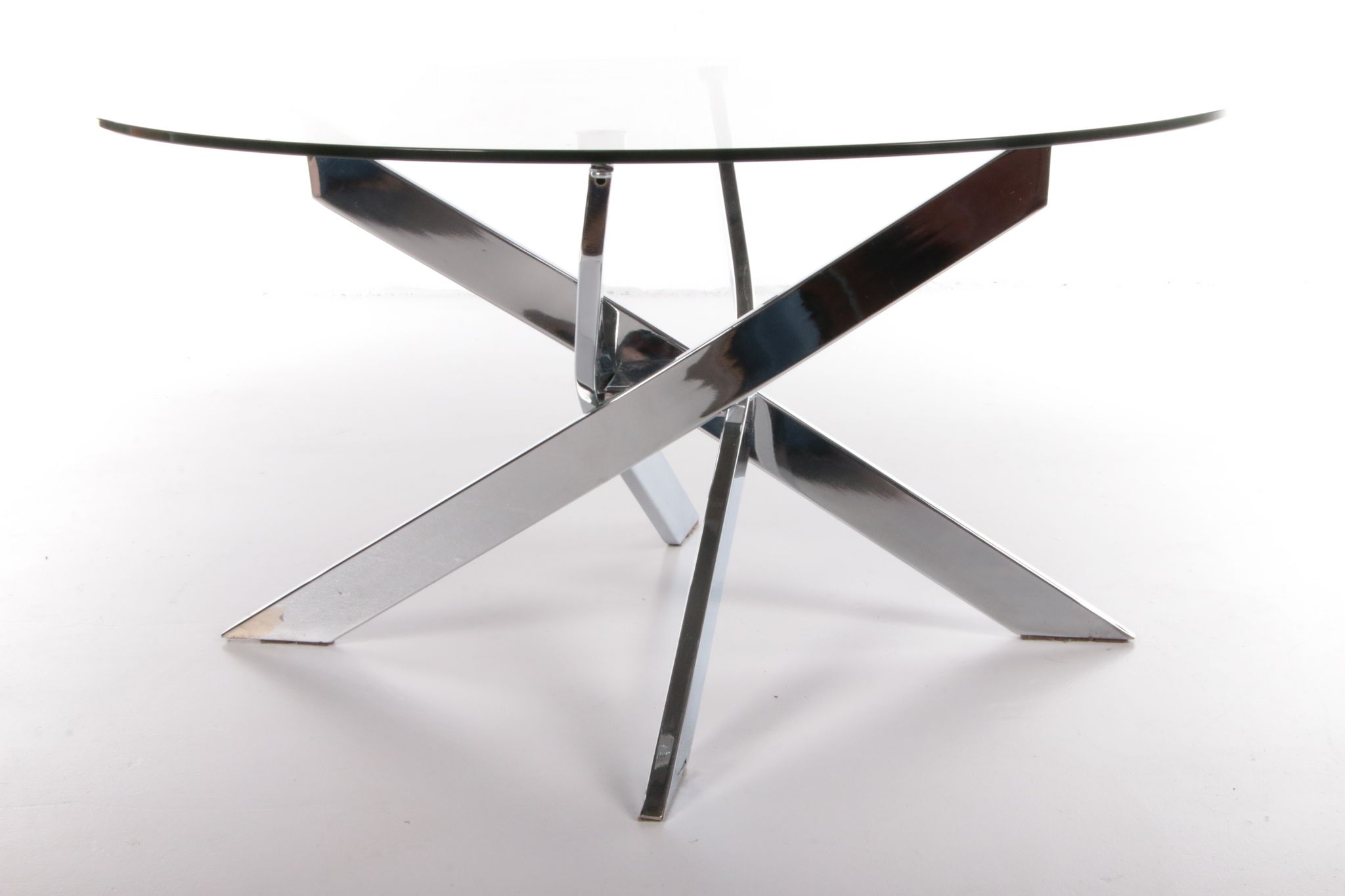 Vintage chrome coffee table with X frame and round glass top, 1980s