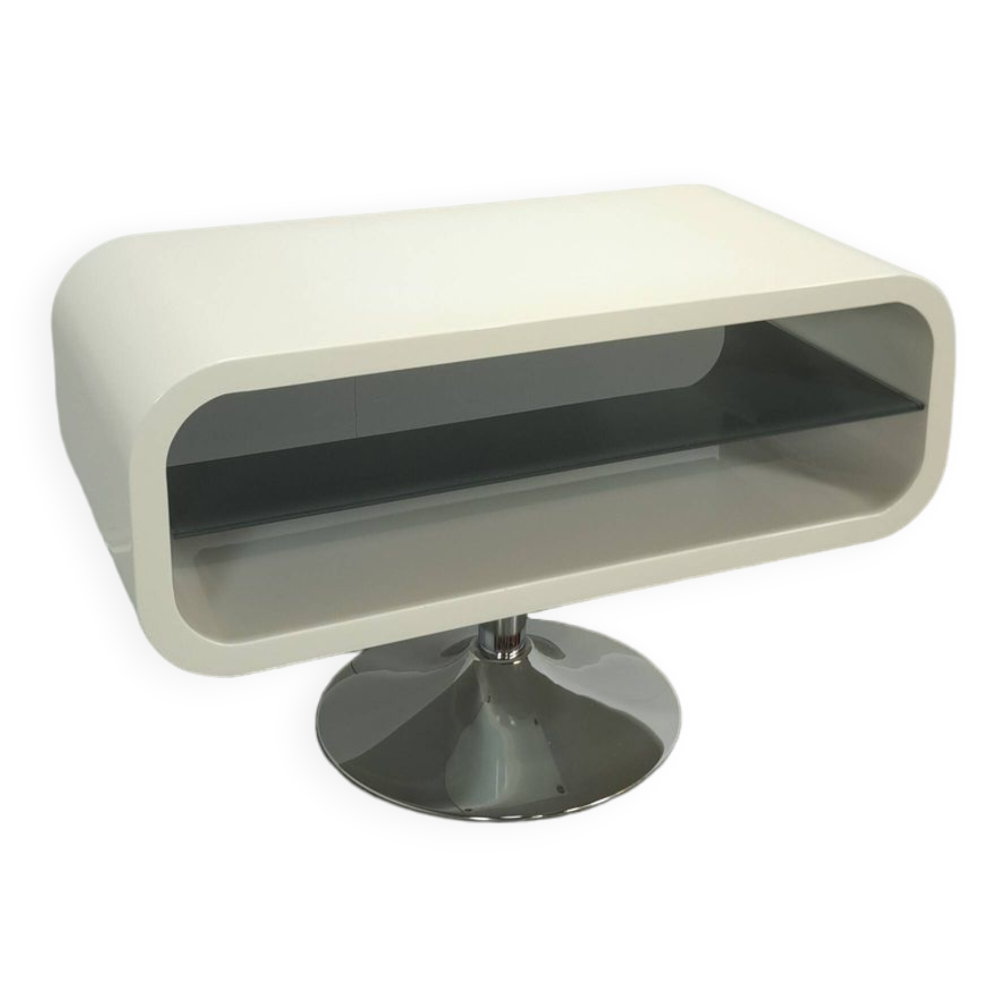 Witte tafel met afgeronde hoeken en glassen blade, tv meubel