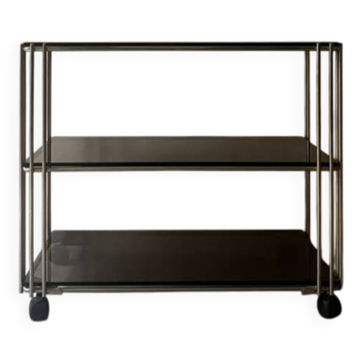 Desserte hifi / TV en verre fumé et laiton, design vers 1970