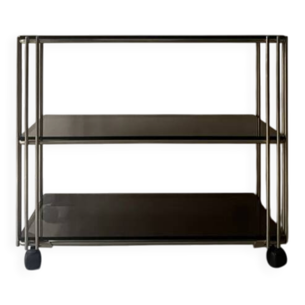 Desserte hifi / TV en verre fumé et laiton, design vers 1970