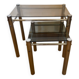 Vintage nesting tables in chrome metal and smoked glass