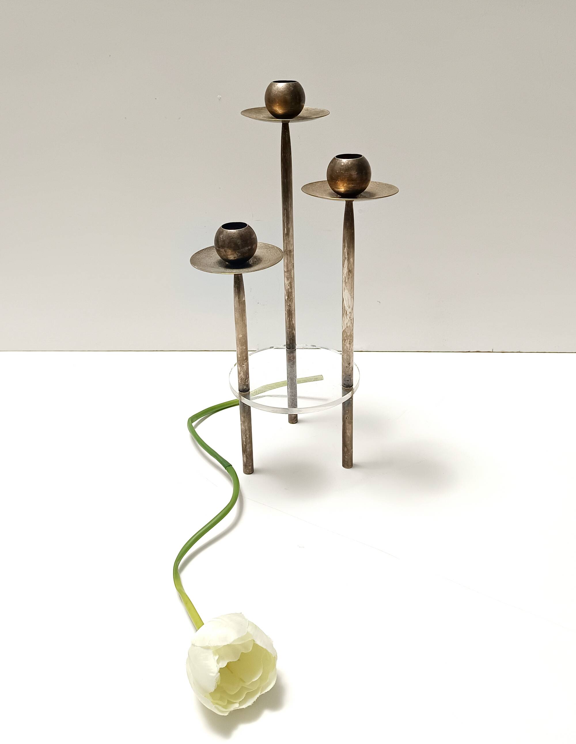 Silver-Plated Brass and Plexiglass Candelabrum by Mesa, Italy 1970s