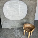 Large pendant lamp in rattan and natural linen Japanese style flattened round (Labu) H57 D80