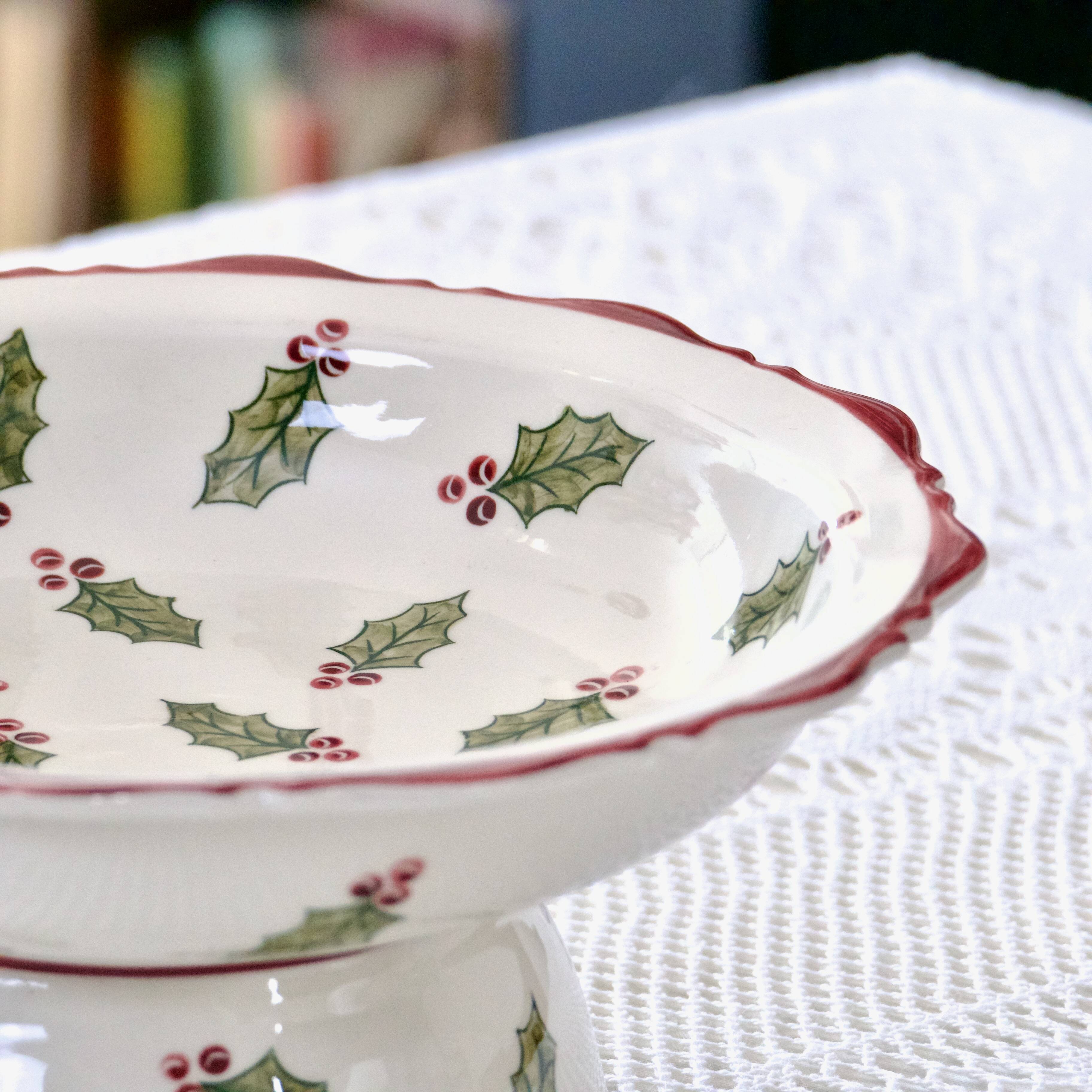 Large hand painted earthenware footed bowl Christmas decor
