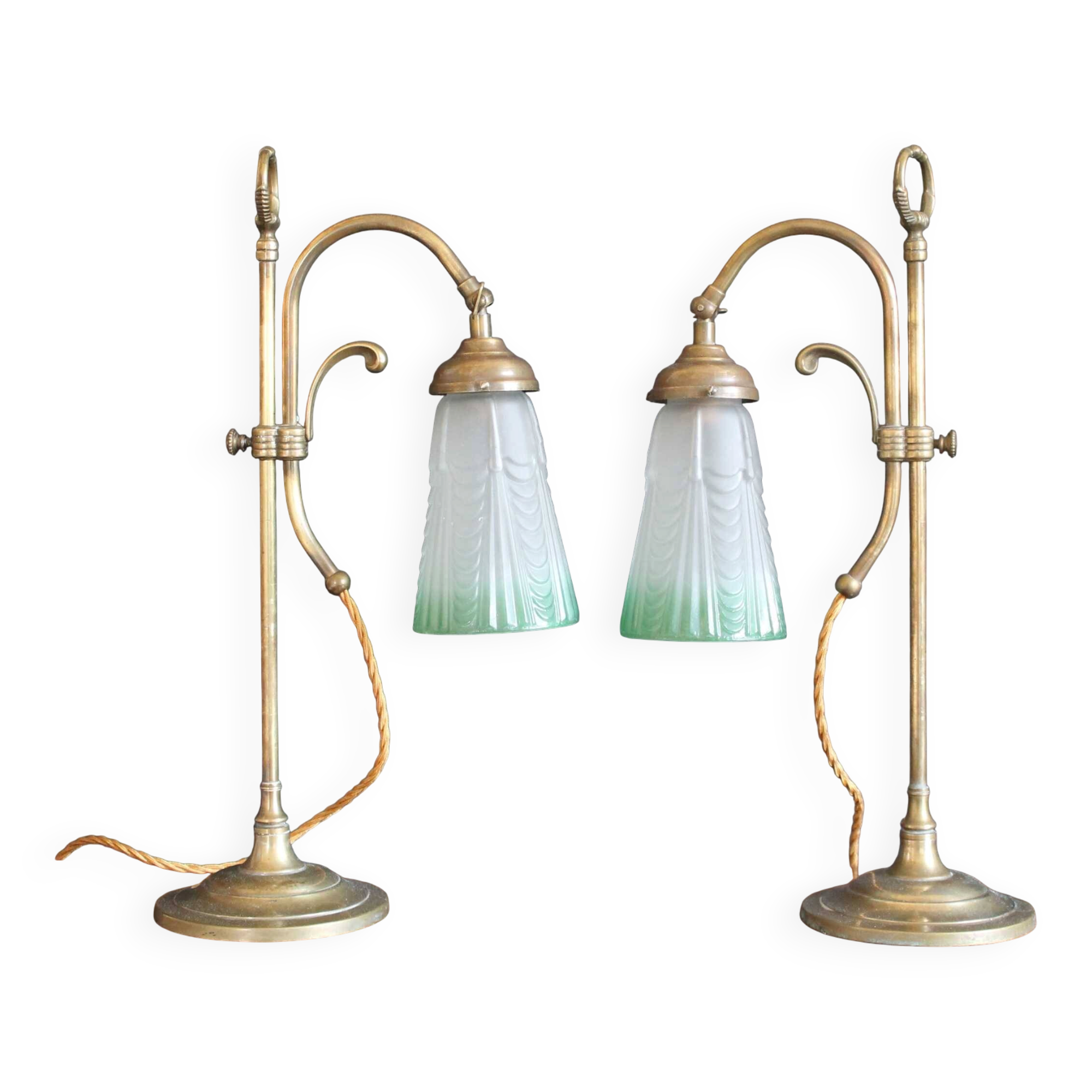 Art Nouveau style brass "rise and fall" table lamps after WAS Benson