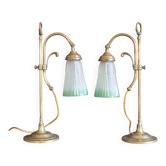 Art Nouveau style brass "rise and fall" table lamps after WAS Benson