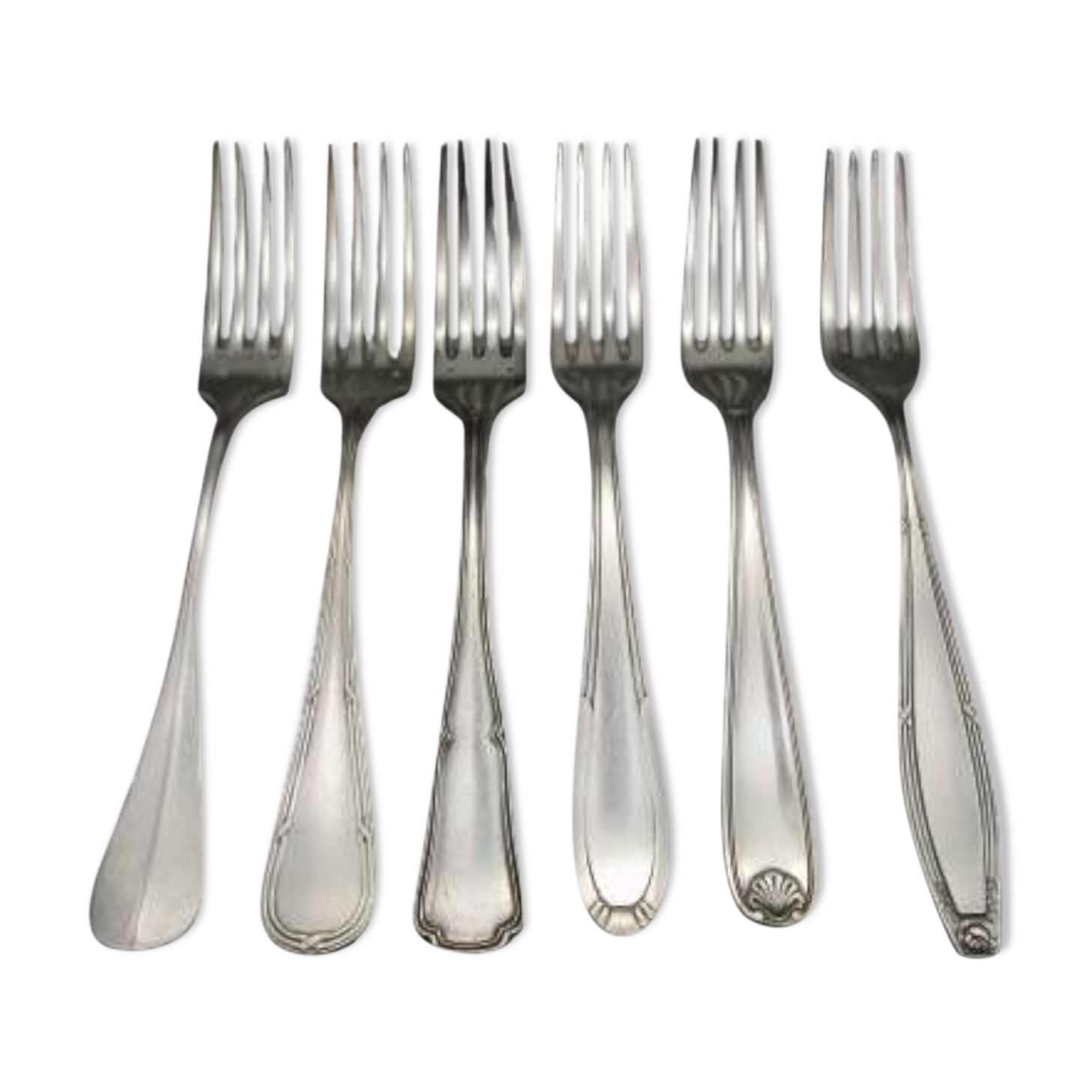 6 mismatched old silver metal forks for a chic table
