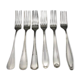 6 mismatched old silver metal forks for a chic table