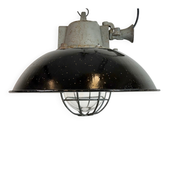 Black Enamel and Cast Iron Industrial Cage Pendant Light, 1960s